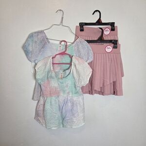NEW Twin Girls Set Of 2 Matching Outfits Justice Tiedye Blouse Tennis Skort M